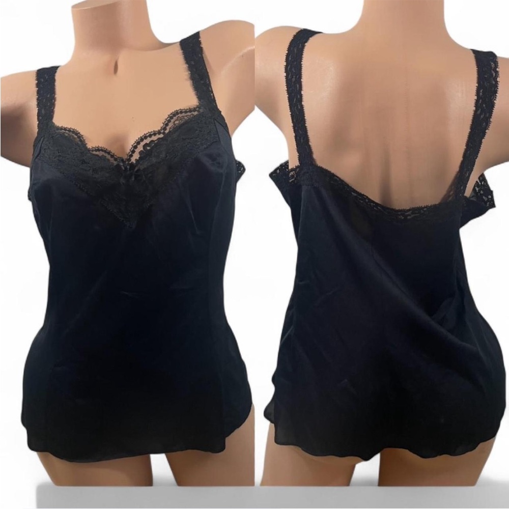Olga Black Lace Trim Chemise Camisole Retro Vintage Size L
